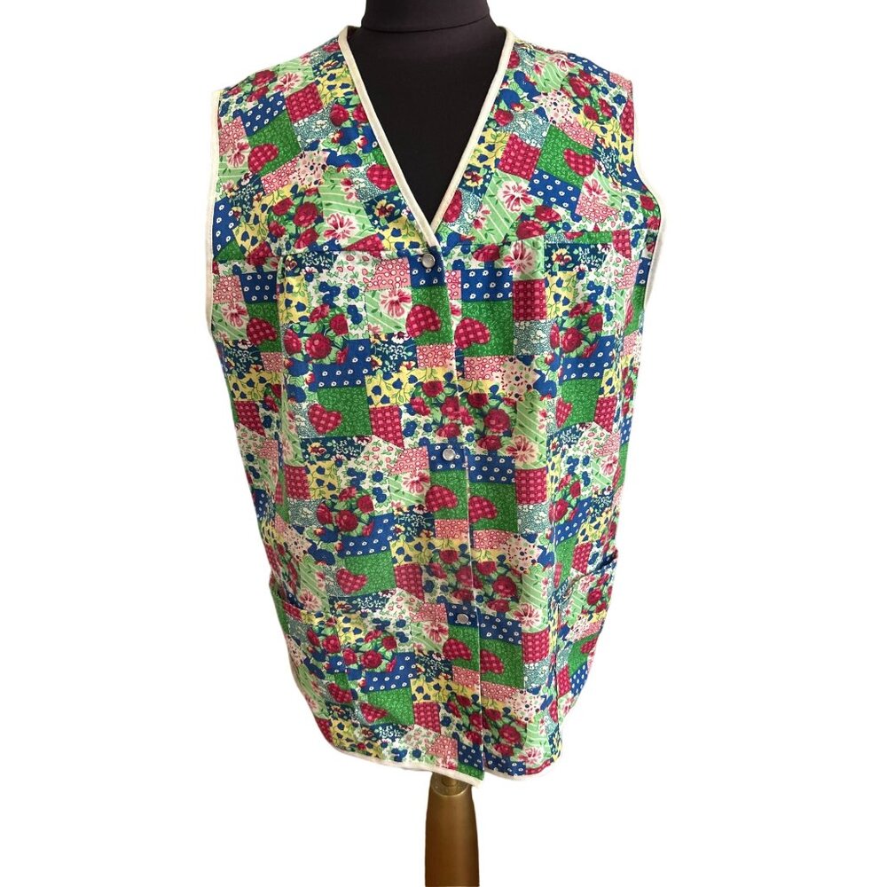 Vintage Carole Patchwork Floral Snap Front Vest Bright Colors, Size Medium